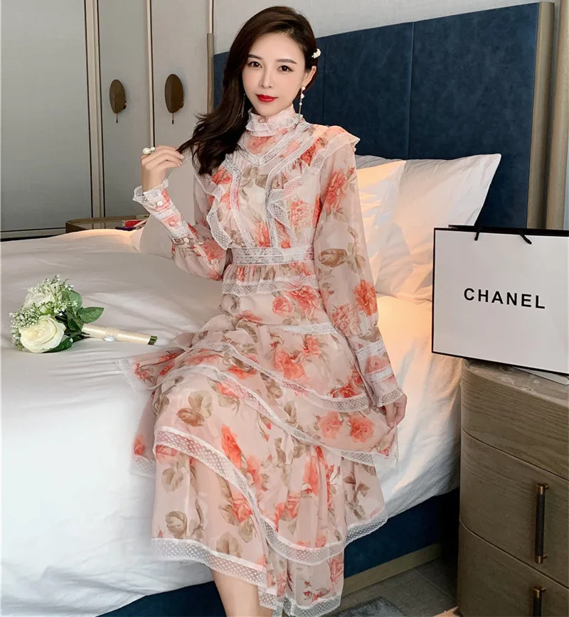 Runway High Quality Bohemian Style Lace Trim Ruffles Dress Spring Women Stand Collar Lantern Sleeve Vintage Party Vestidos | Женская