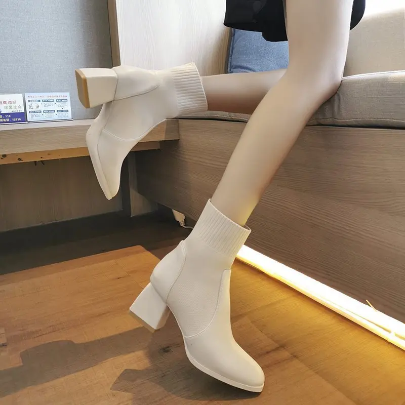 

2021 Autumn Winter Women boots Knit Elastic Socks Boots square Toe Chunky Heel Boots Fashion Ankle Chelsea Boots