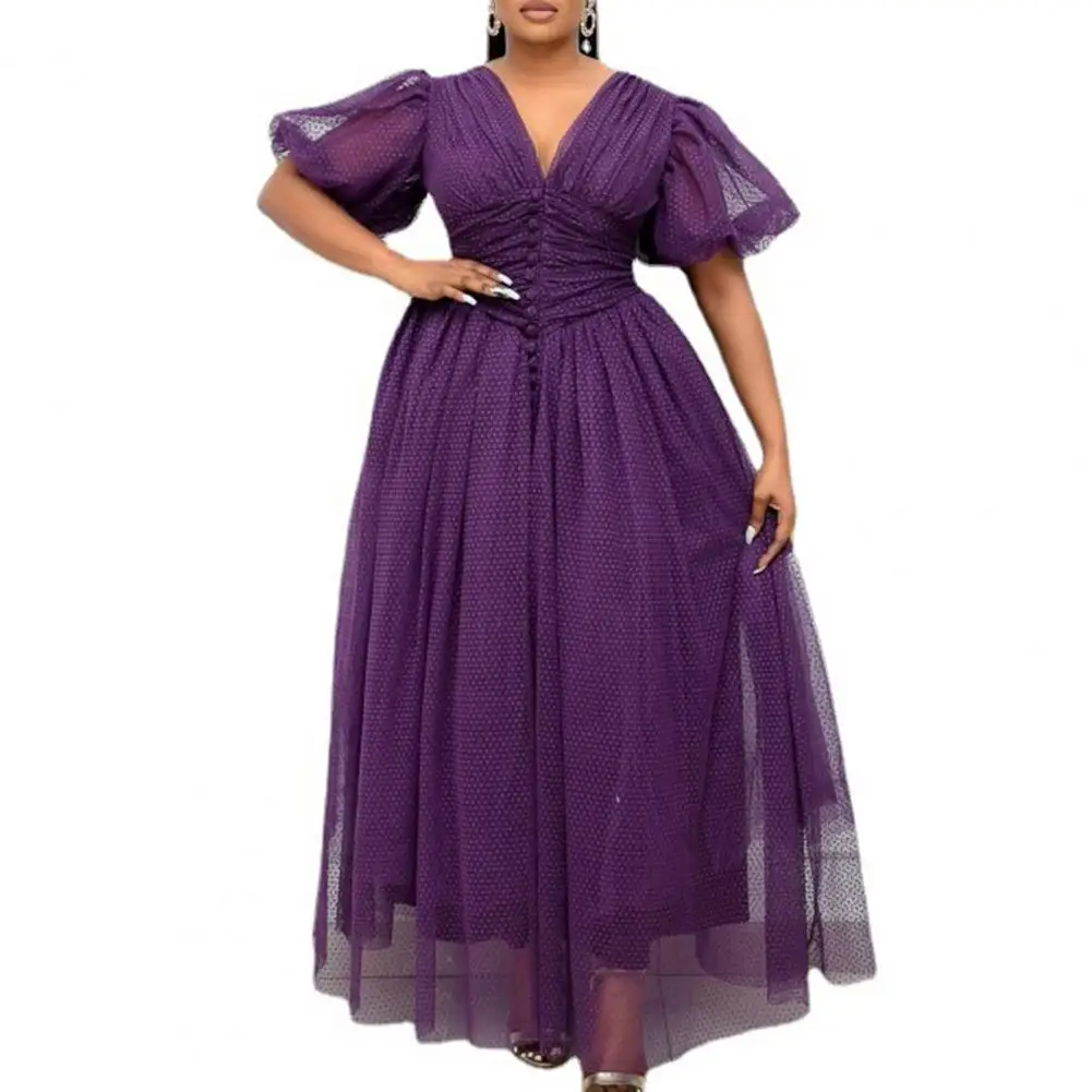 

African Dress Mesh Patchwork V Neck Women Solid Color Large Hem Waist Tied Formal Dress for Wedding Women Dress 2021 Mesh Dress
