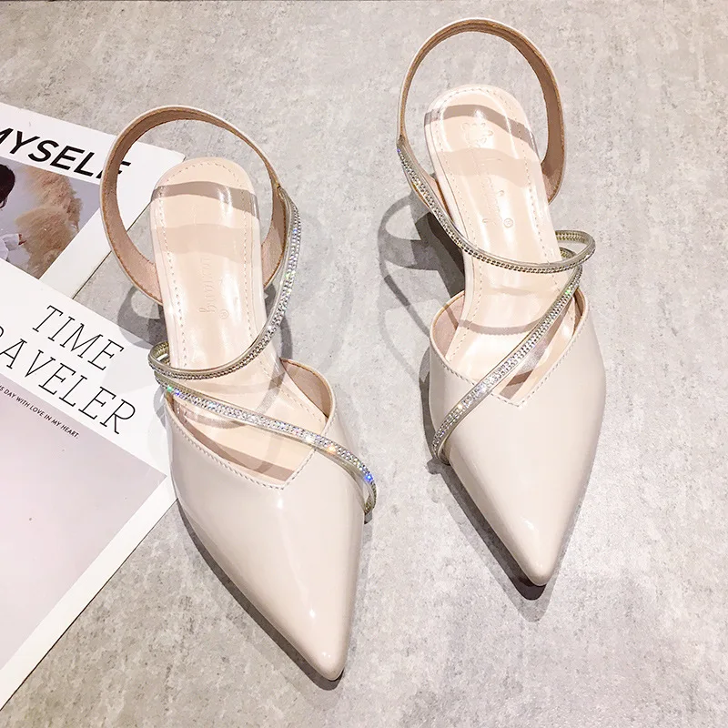 

Rhinestone Sandals Comfort Shoes for Women High Heels Shallow Mouth Med Suit Female Beige 2021 Elastic Band Fashion High-heeled