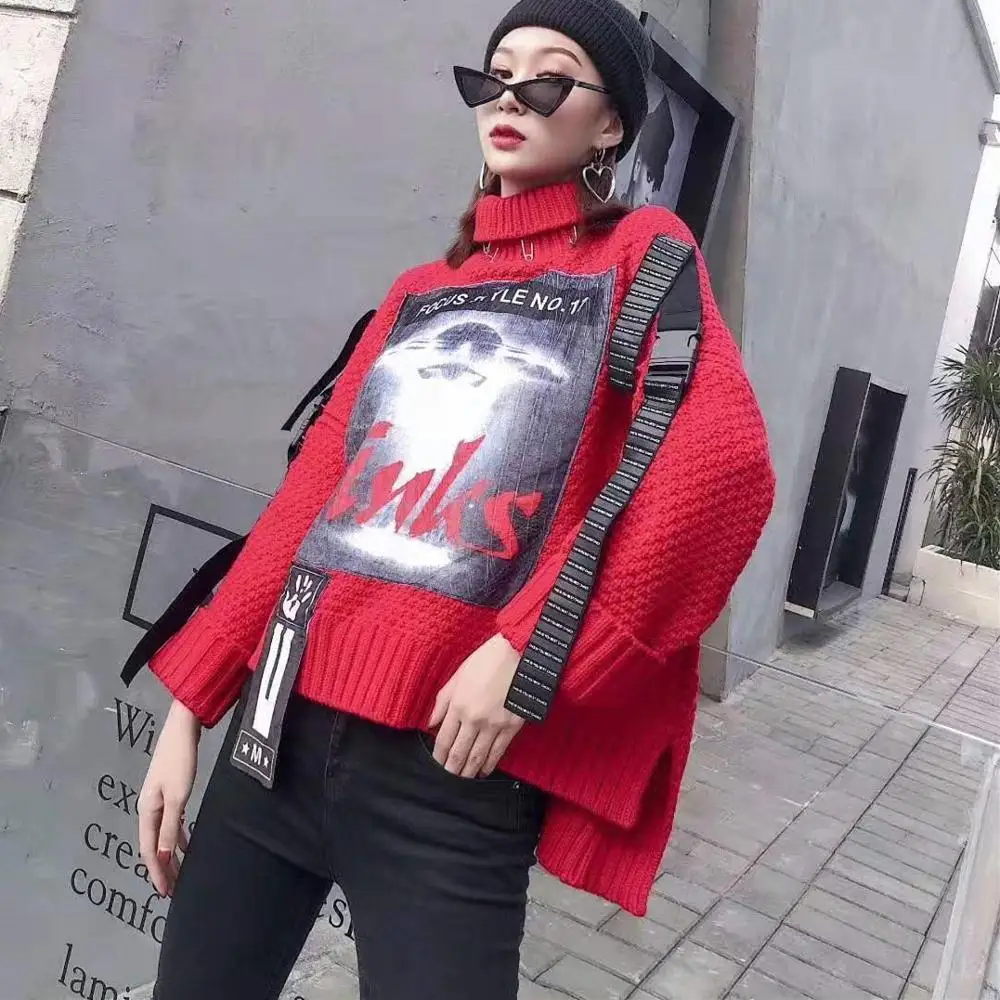 Женский крупный размер повседневный свободный свитер с высоким воротником, дизайн с нашивками в стиле карикатуры, длинными рукавами, вязаные топы, осенне-зимние свитера.