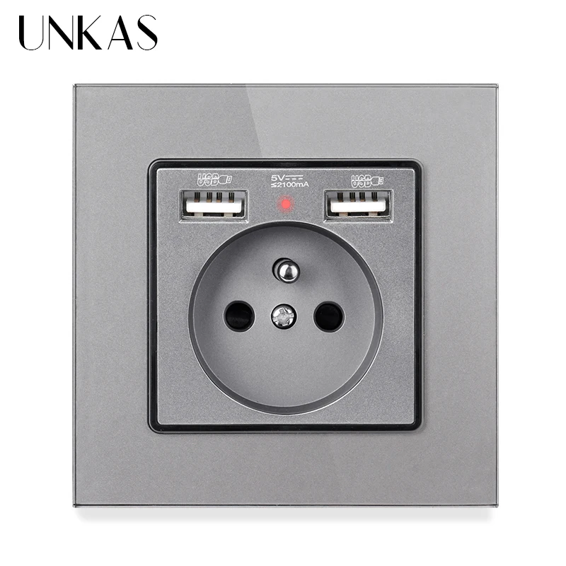 UNKAS Gray Crystal Glass Panel French Power Socket With Dual USB Port Grounded 16A Hidden Soft LED Indicator Electrical Outlet |