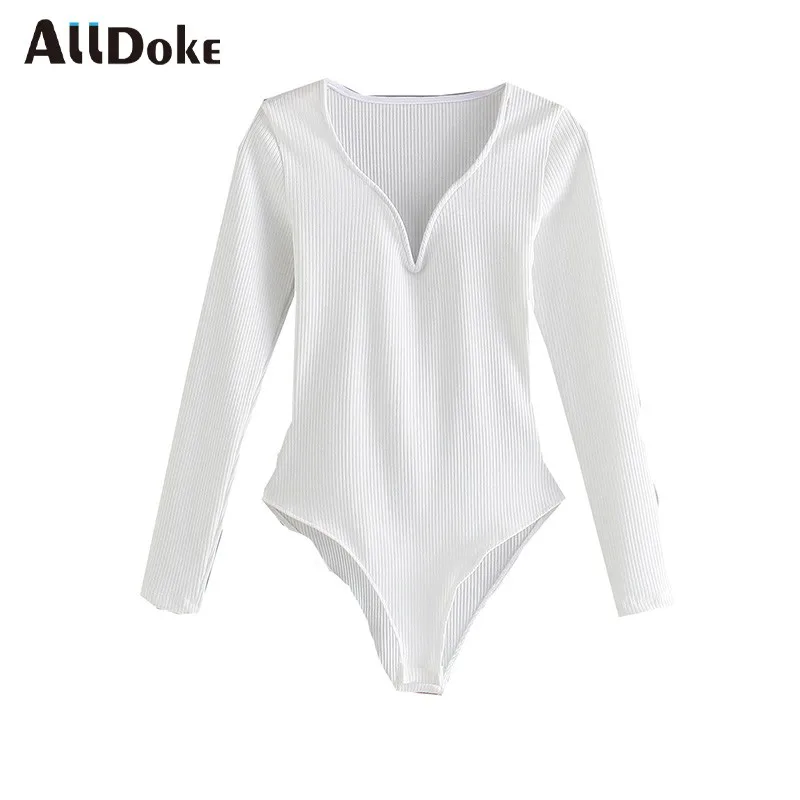 

Боди Alldoke женское с V-образным вырезом, белый облегающий Повседневный боди с длинным рукавом, 2021, на весну-лето
