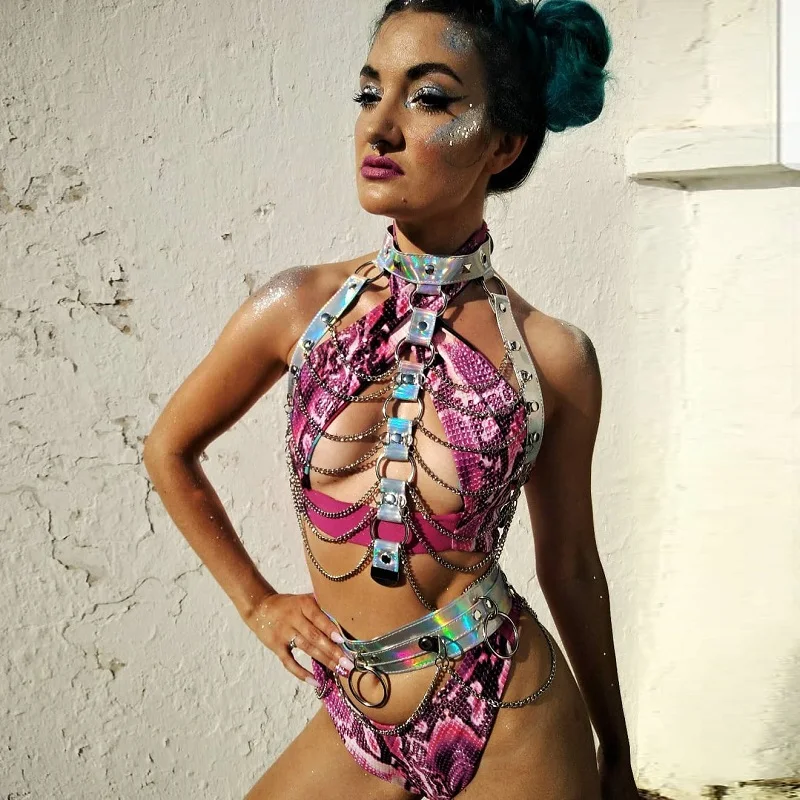 Holographic PU Two Piece Set Garter Hollow Out Choker Cover Up Crop Top Adjustable Waist Chain Music Festival Lady Hot Garters