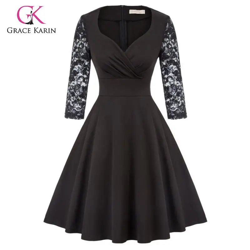 Grace Karin 3/4, кружевное свободное платье с рукавом, женское винтажное платье с v-образным вырезом, расклешенное ТРАПЕЦИЕВИДНОЕ ПЛАТЬЕ, осень, плиссированное миди платье для вечеринок