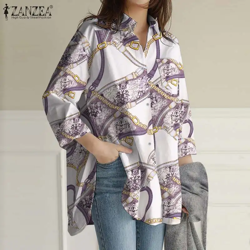 

Women Autumn Long Sleeve Tunic 2021 Fashion Lapel Loose Blusa Feminina Casual OL Work Shirt Oversize ZANZEA Vintage Printed Tops