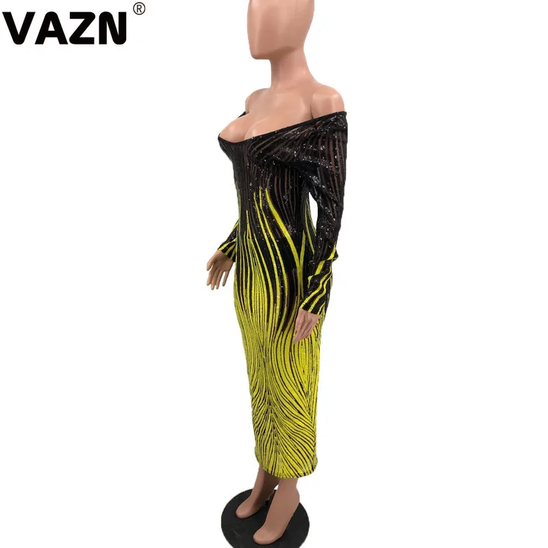 VAZN Autumn Open See Through Heavy Industry Sequined Sexy Club Fashion Slash Neck Full Sleeve High Waist Women Thin Maxi Dress
