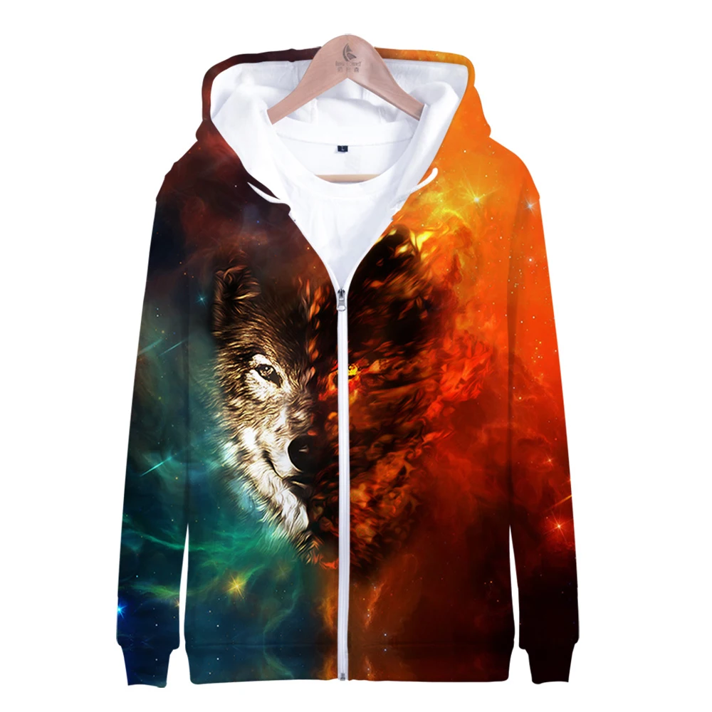 Космической галактики 3D волк толстовки с капюшоном на молнии для детей и