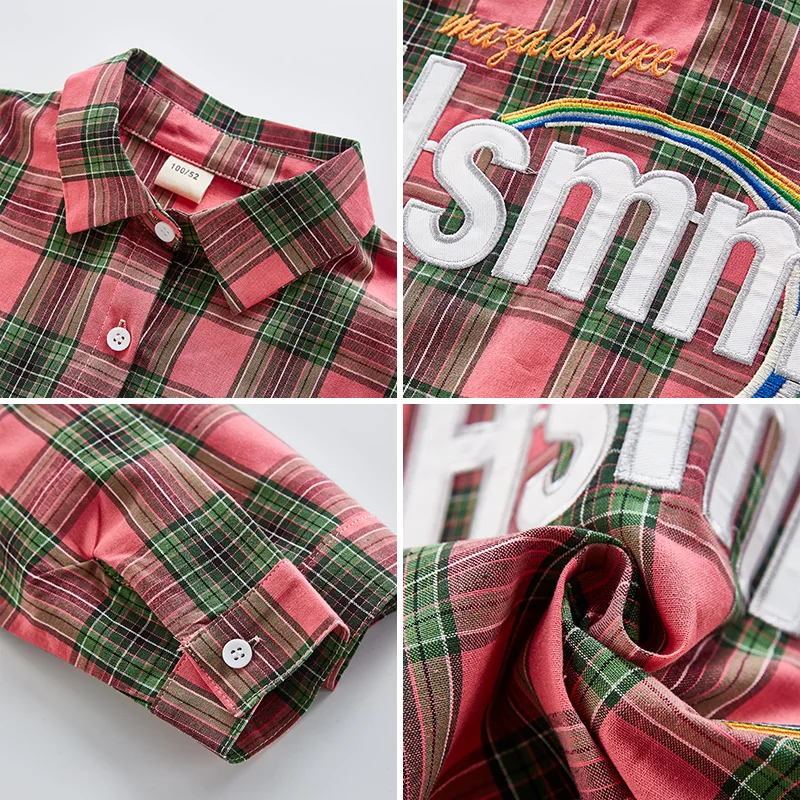 Дети красная клетчатая Радуга Вышивка Топы рубашка девушка с длинным рукавом