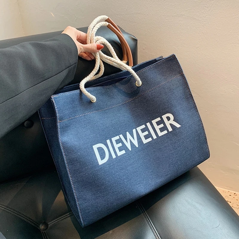 

Denim Big High Capacity Shoulder Bags for Women 2021 Letter Female Luxury Travel Branded Shopping Handbags Purses