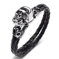 stainless steel crown cross demon skull braided leather bracelet men punk jewelry accessories party bangle male wristband p529