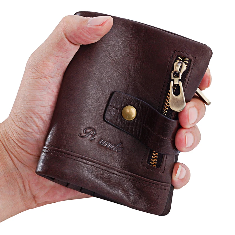 Кошелек мужской из натуральной кожи тонкий бумажник кофейного цвета на молнии