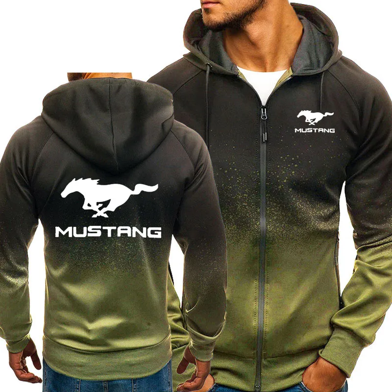 

2020NEW Men Mustang Car Logo Print Casual HipHop Harajuku Gradient color Hooded Fleece Sweatshirts zipper Jacket Man Clothing