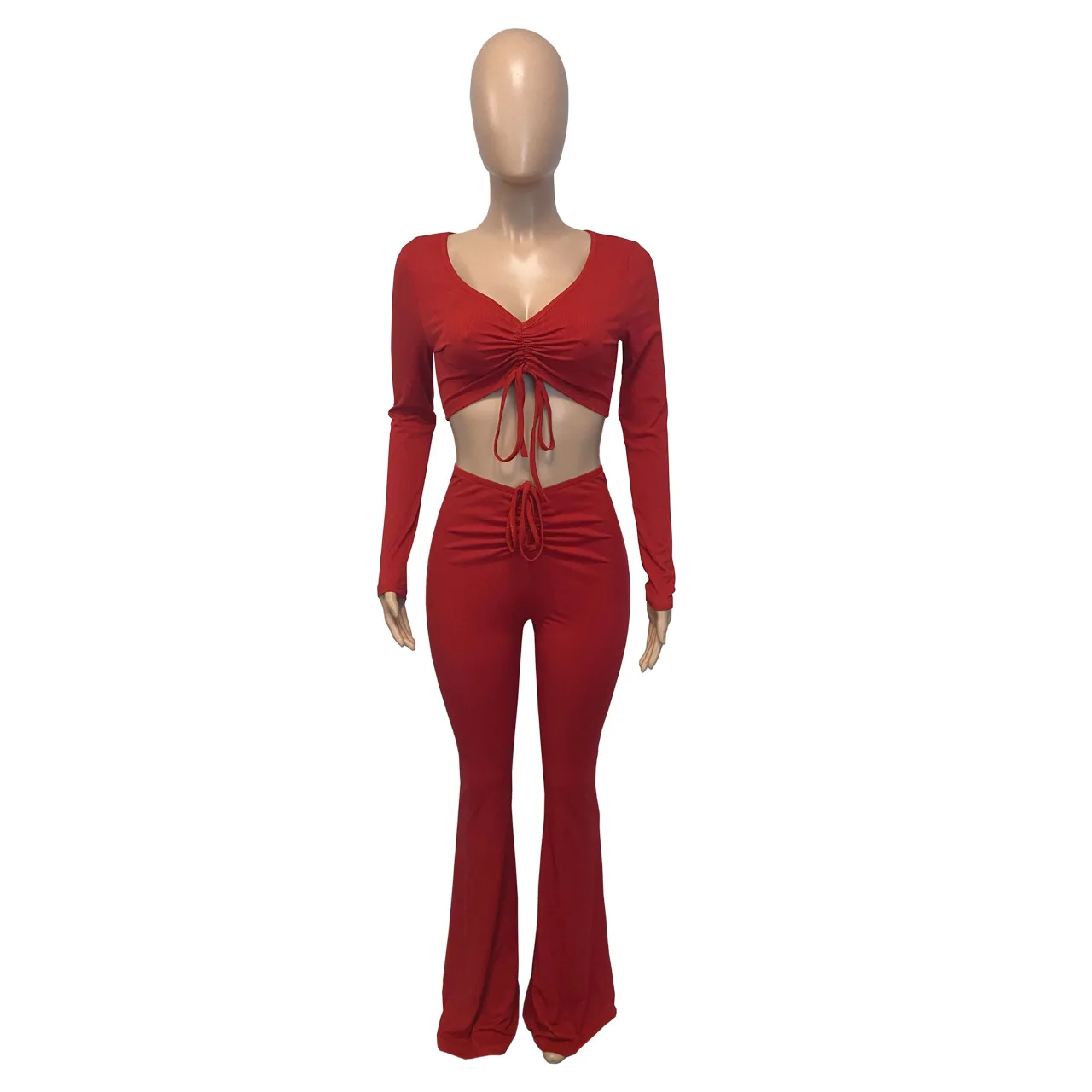 

Autumn Long Sleeve Ribbed V-neck Drawsting Crop Top Flare Pants Set Skinny Bodycon Tracksuit Suit Part Clubwear Outfits