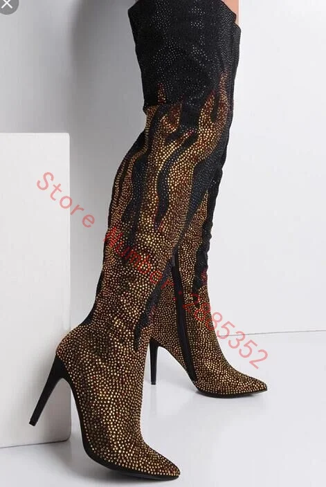 

Новинка 2021, женские блестящие ботфорты на шпильке, блестящие Женские Сапоги выше колена на высоком каблуке с кристаллами, большие размеры