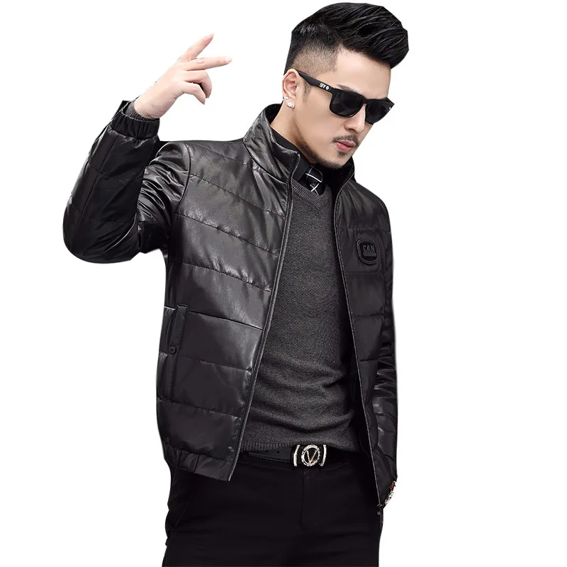 

Leather down jacket men's thickened short slim winter warm coat goatskin 2020 new popular