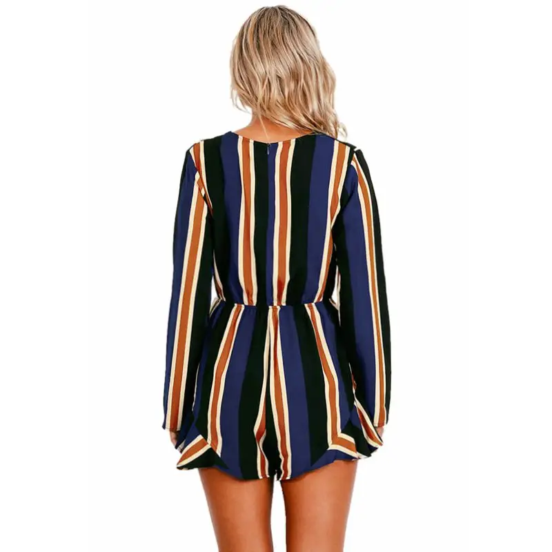 

Summer bohemian beach side women girl playsuits jumpsuits long sleeve body feminino v-neck blue striped rompers bodysuits