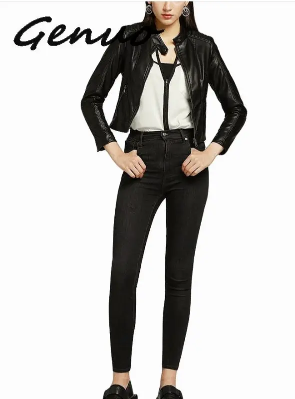 

Genuo New Leather Jacket Women Spring Autumn Biker jacket Plus Size Fashion Faux Leather coat Soft Pink Jaket jaqueta de couro