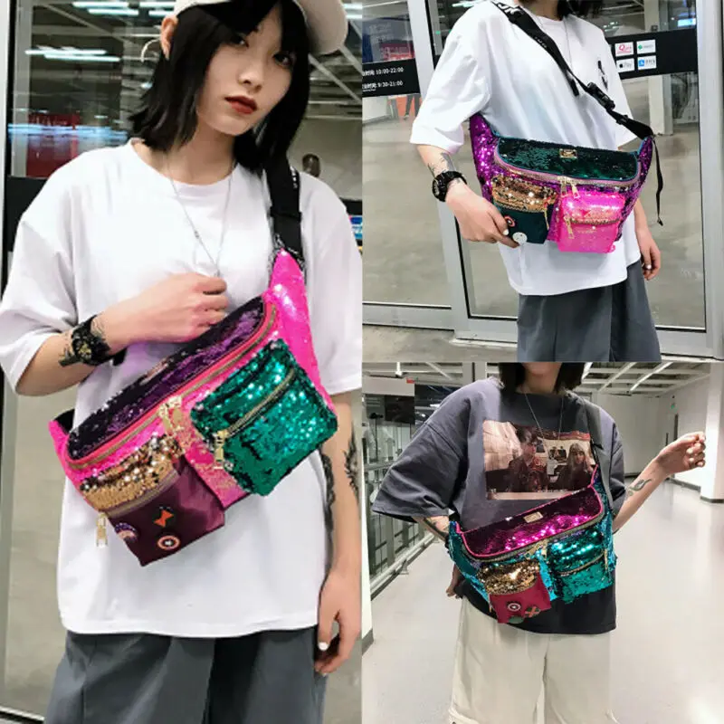 Модная блестящая женская поясная сумка с цепочкой и блестками вместительная