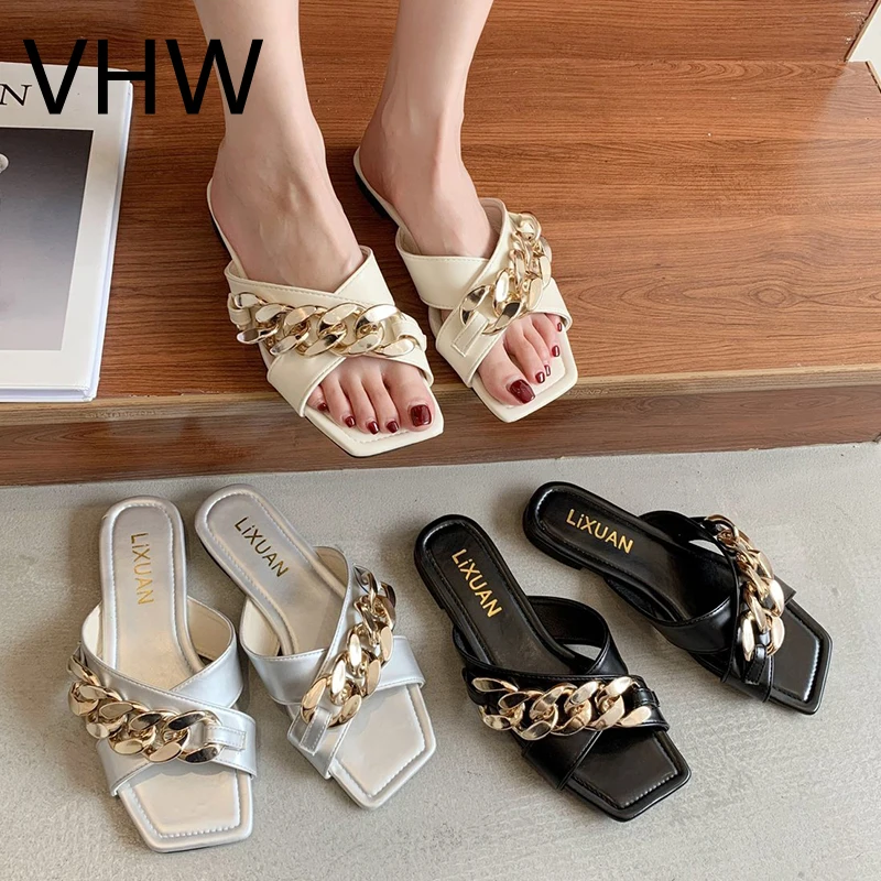 

Women Flat Slippers 2021 Summer Beige Chain Slides Casual Shoes Slip on Sandals Women Fashoin Square Toe Low Heel Slippers