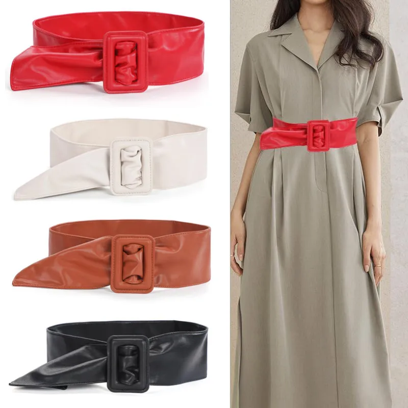 New Female Wide Belt Women PU Leather Slimming Body Ladies Dress Belt Elastic Square Buckle Corset Belt Female Waistband