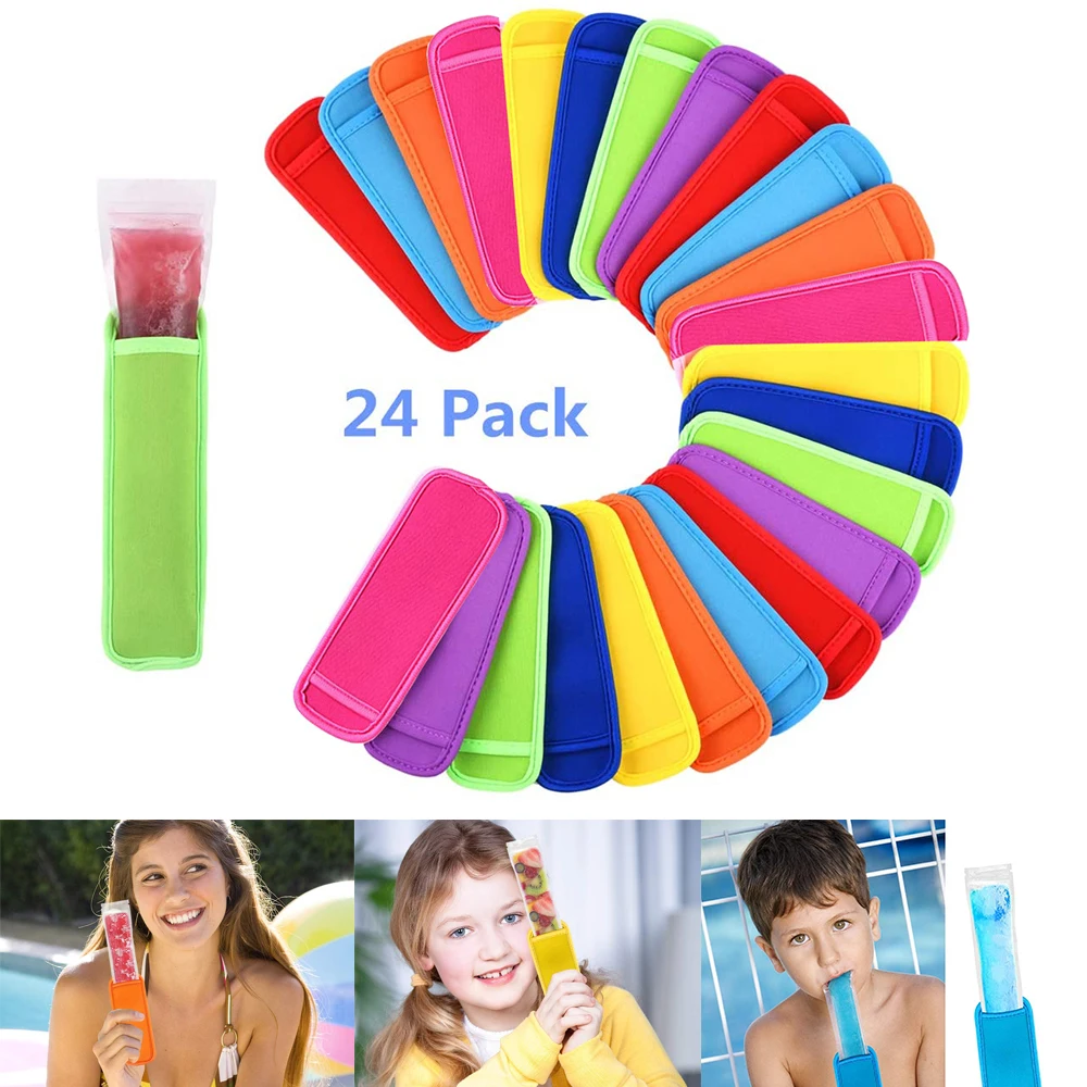 

24 Pack Ice Pop Sleeves Antifreezing Popsicle Holders Neoprene Insulator Sleeves Freezer Summer Reusable Ice Pops Bags 8 Colors