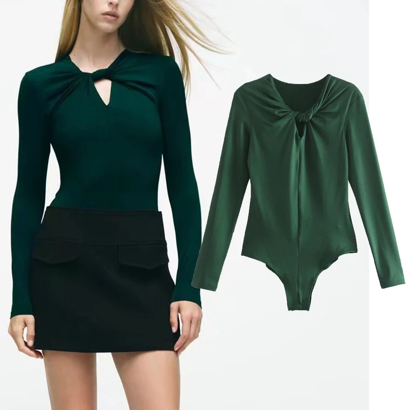 

Женское боди с длинным рукавом ZA, повседневная однотонная облегающая блузка с перекрестным воротником, уличная одежда для весны и осени, 2022