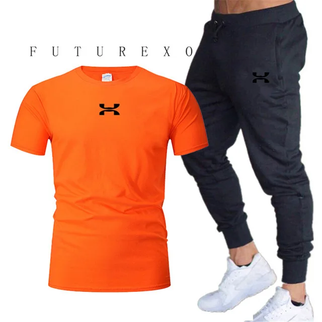 

New brand summer men's suit short sleeve printed sportswear casual 2-piece T-shirt + trousers men's wear slim fit sportswear men