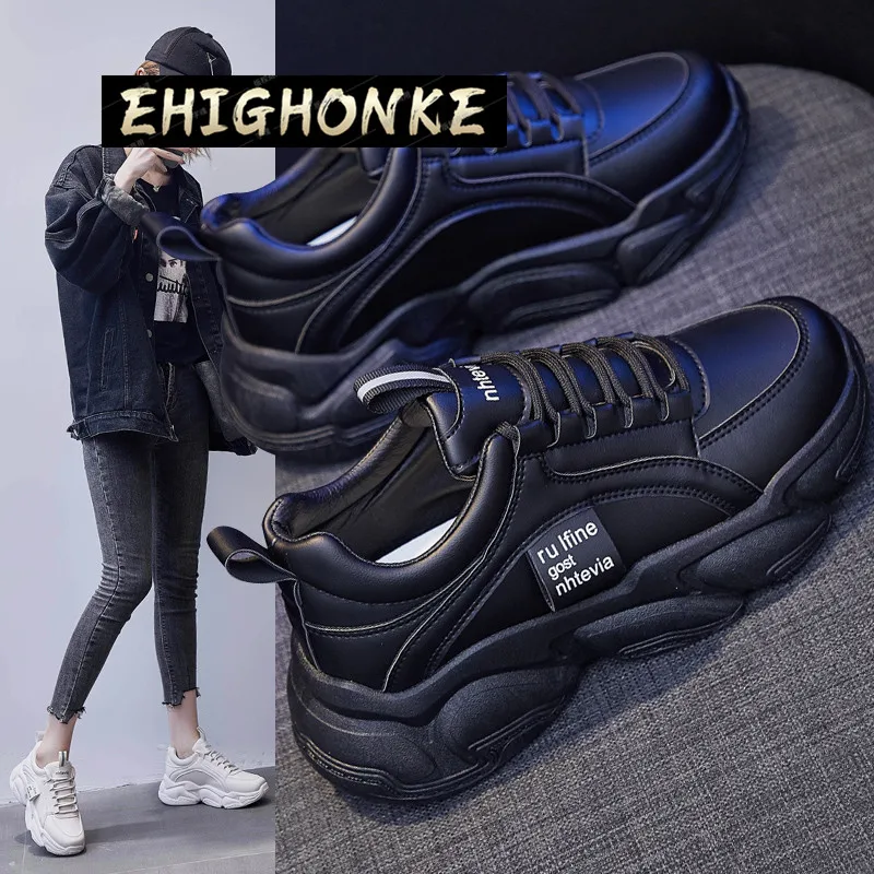 

Thick-soled Sneakers Women 's Shoes Classic Leather Casual Shoes Thick-soled Lace -up Thick Women 's Vulcanized Shoes Black High