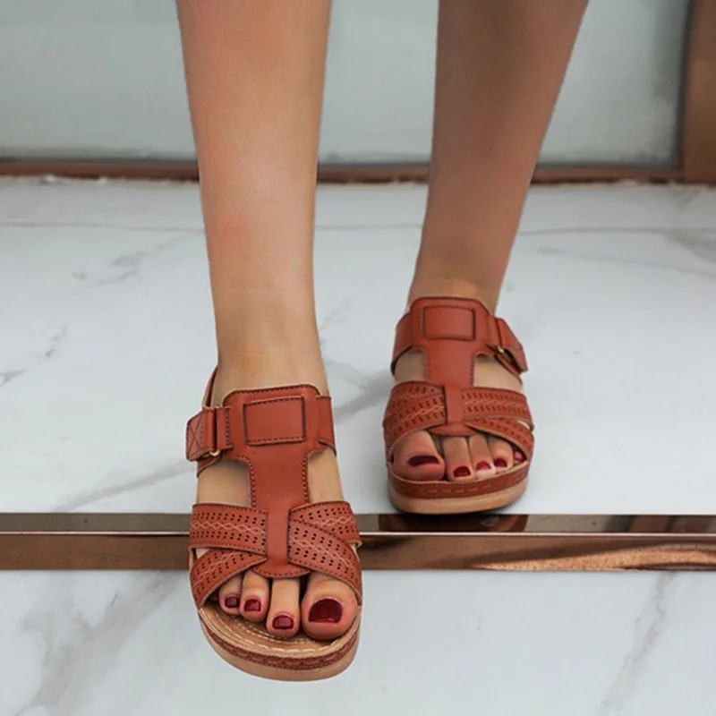 

2021 Summer Women's Premium Orthopedic Open Toe Sandals Vintage Anti-slip Breathable Leather Casual Female Platform Retro Shoes