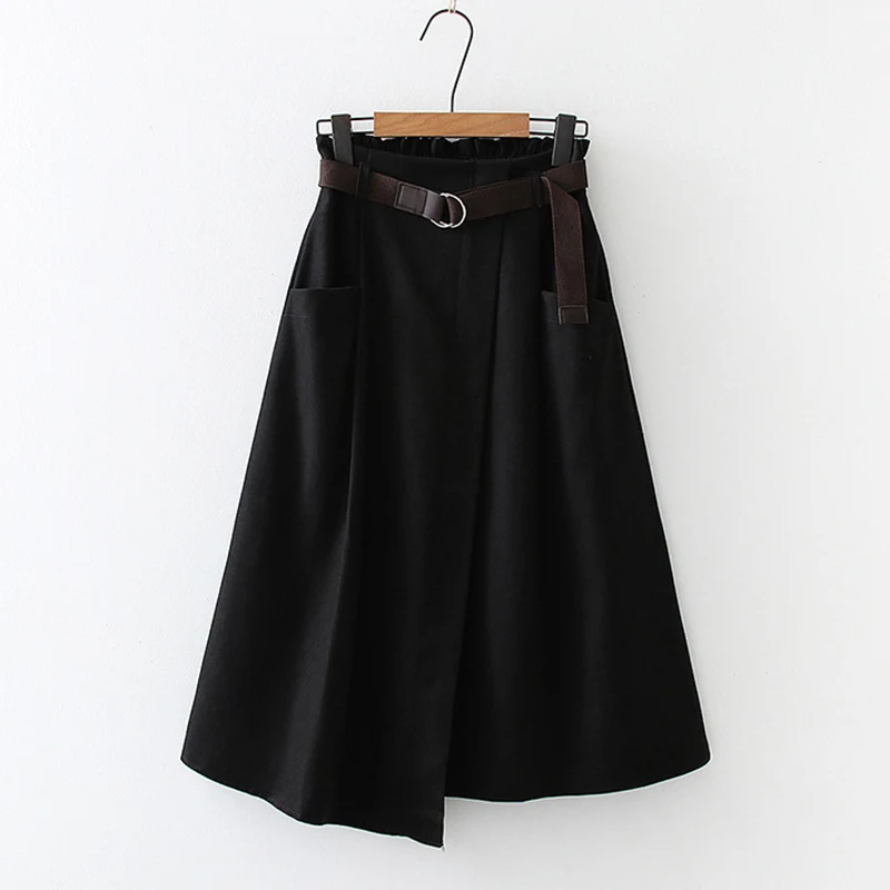 Женская ассиметричная юбка средней длины черная цвета хаки с высокой талией и