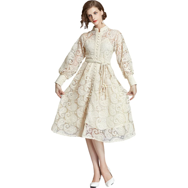 

2021 Elegant Hollow Out Women Dress Stand Lantern Sleeve High Waist Bandage With Belt Midi Dresses Female Fashion Lantern Sleeve