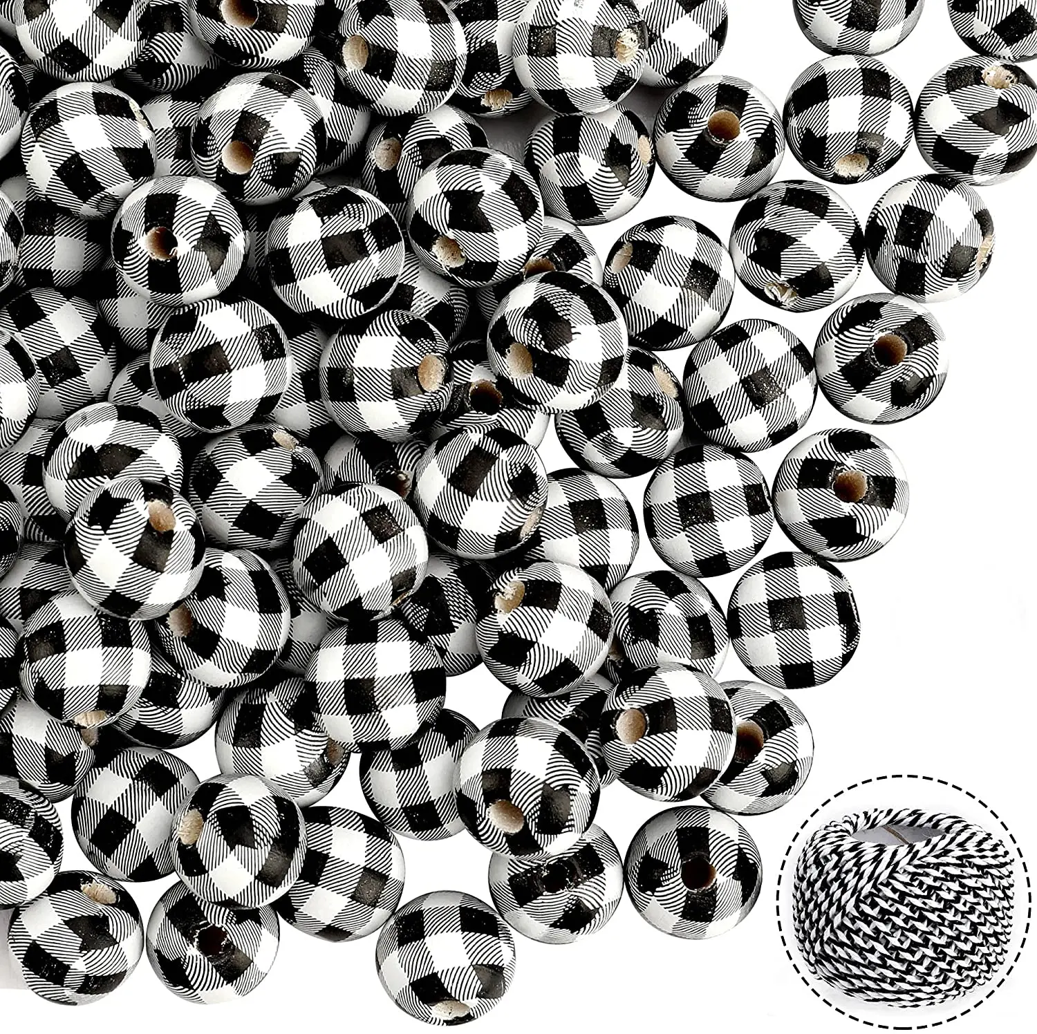 

50 шт., деревянные бусины в черно-белую клетку