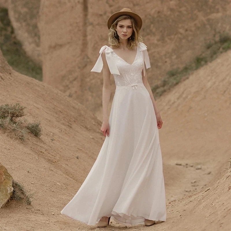 

On Sale Summer Beach Sleeveless Bridal Wedding Dresses V Neckline Back Out Lace Bow Wedding Gowns for Bride Chiffon Affordable