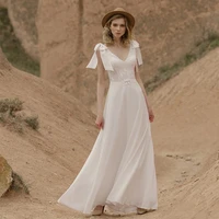on sale summer beach sleeveless bridal wedding dresses v neckline back out lace bow wedding gowns for bride chiffon affordable