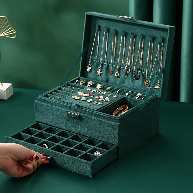 

2021 Green Double-Layer Velvet Jewelry Box European Jewelry Storage Box Large Space Jewelry Holder Gift Box