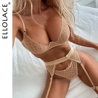 ellolace plaid erotic lingerie sexy lace push up underwear khaki set solid underwire bra set with garters sensual intimate