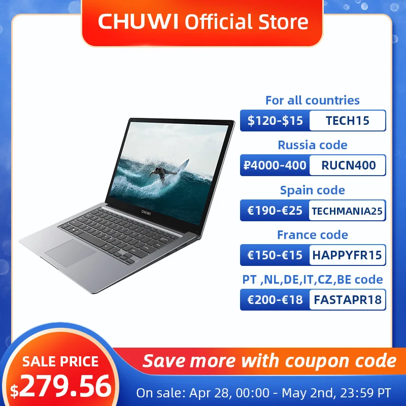 aliexpress - CHUWI HeroBook Pro+, 13.3 Inch, 3200*1800 Resolution, Intel Celeron J3455 Processor, LPDDR4 8GB, 128GB ROM, Windows 10, Laptop