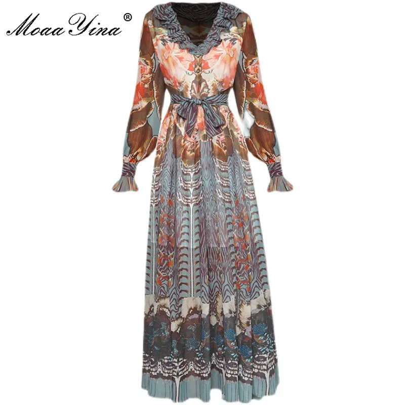 

MoaaYina Fashion Designer dress Autumn Women Dress V-Neck Ruffles Lantern Sleeve Sashes Printed Retro Dress