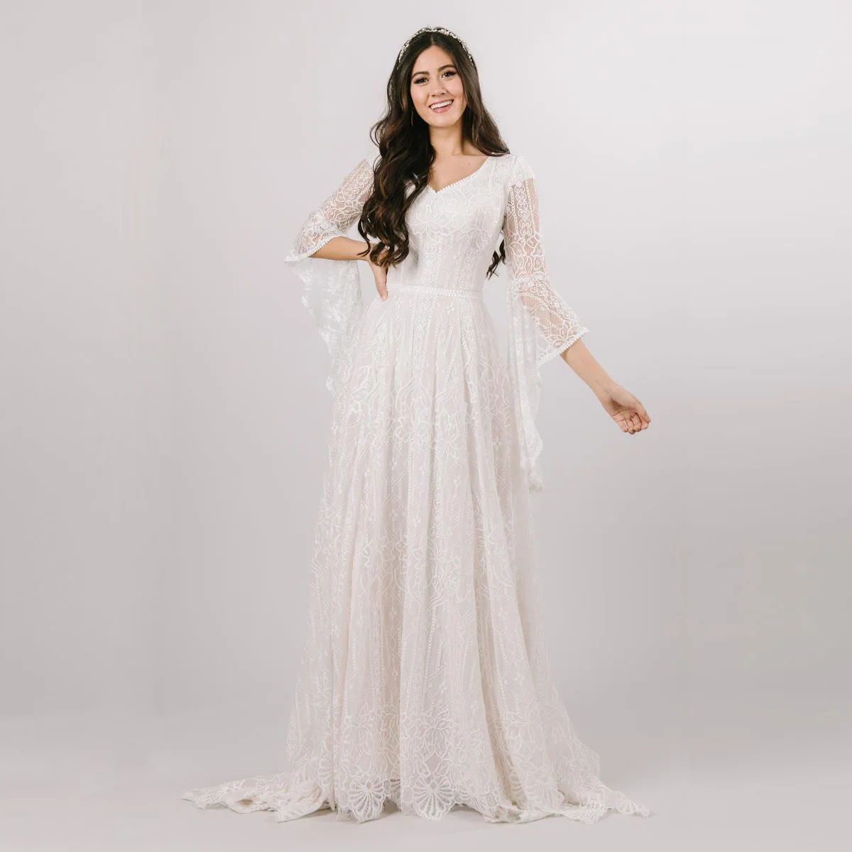 

2021 New Deep V-neck Fluttering Long Sleeve Lace Loose Elegant One-piece Lace Skirt for Pregnant Women