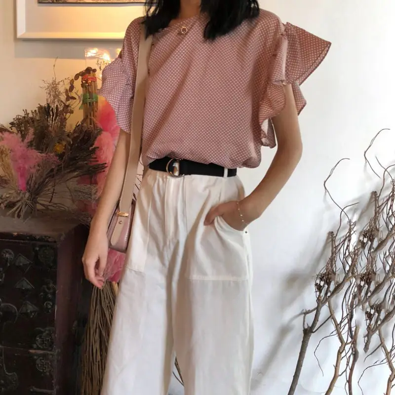 

Ladies Fashion Tops Polka Dot Halter Bow Tie Lace Shirt Short Sleeve Chiffon Shirt