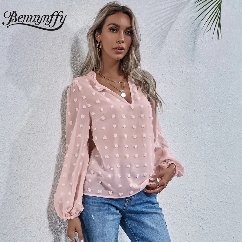 

Benuynffy Notch Neck Frill Trim Sheer Top Blouse Women Spring Casual See Through Long Sleeve Female Swiss Dot Loose Blouses 2021