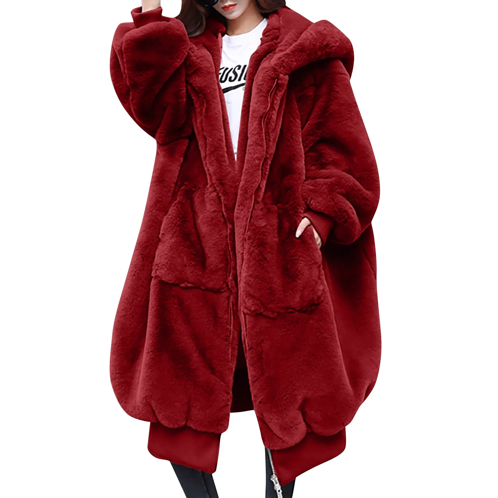 

2021 Autumn Winter Fashion Faux Fur Coat For Women Solid Color Long Sleeve Long Fur Coat With Hood Thick Warm Coat abrigo mujer