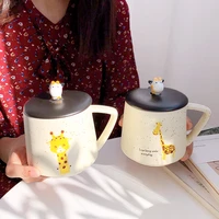 personality cute giraffe ceramic cup with lid spoon cartoon mug trend water cup home milk cereal breakfast coffee cup gift