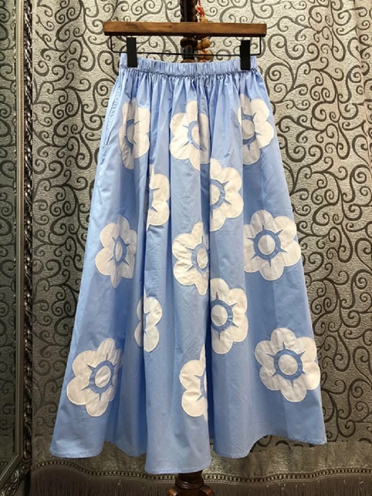 

100%Cotton 2020 Summer Casual Skirt Women Color Block Flower Patterns Mid-Calf Length Big Swing Blue Basic Skirts Ladies