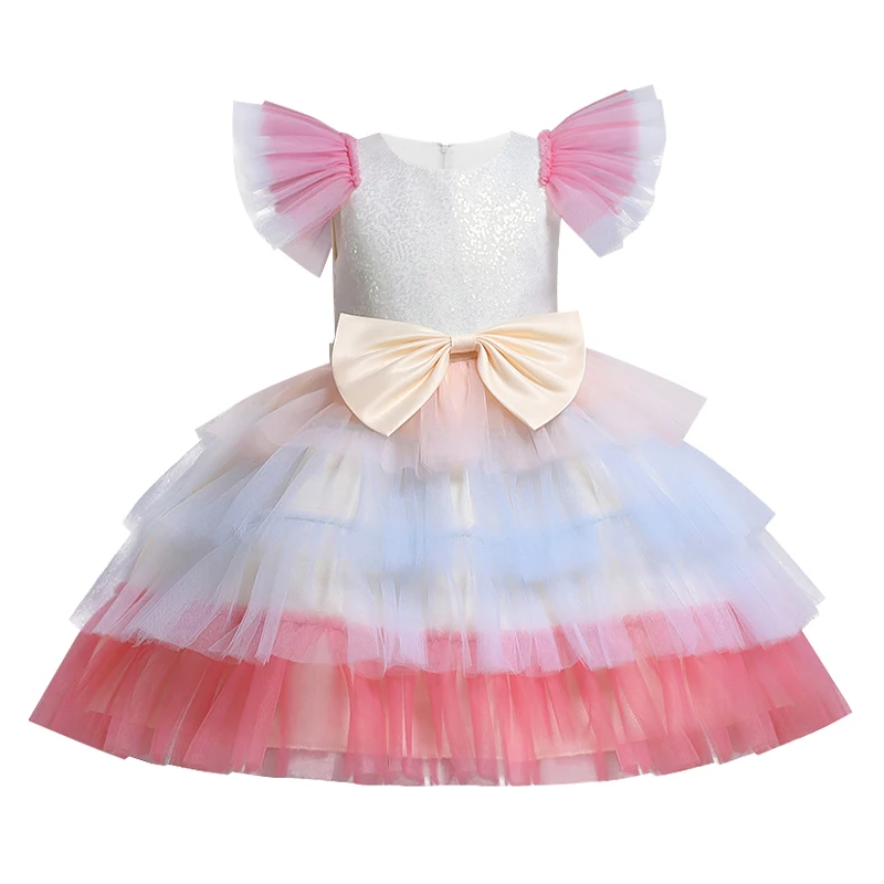 

Girl baby birthday party color gradient cake fluffy dress dress bow Princess Dress Christmas ball communion bead lace dress