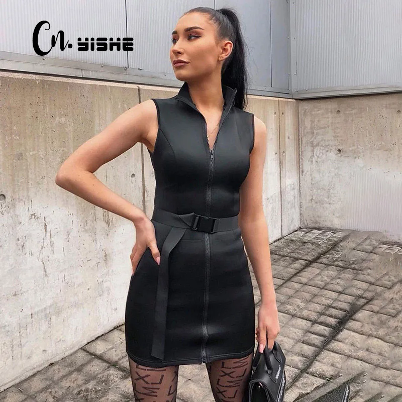 

CNYISHE Black Dress Fashion Buckle Belt High Waist Wrap Dress Women Bodycon Sleeveless Zippers Women Dresses Party Vestidos 2021