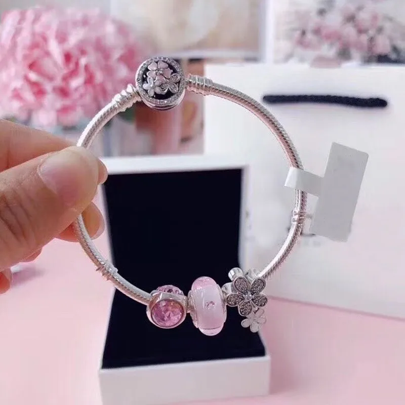 

New 925 Sterling Silver Exquisite Orchid Pendant, Glass Beads And Flower Button Bracelet Fit Original Pan Charm Diy Jewelry