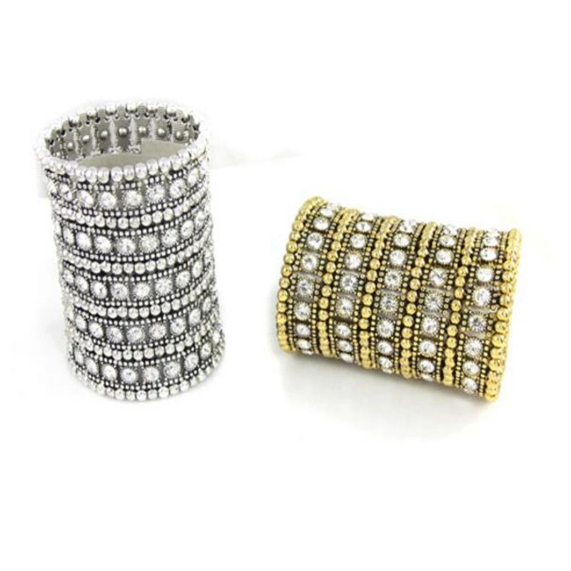 Золото 5ROW с украшением в виде кристаллов многослойные Эластичный Браслет манжет