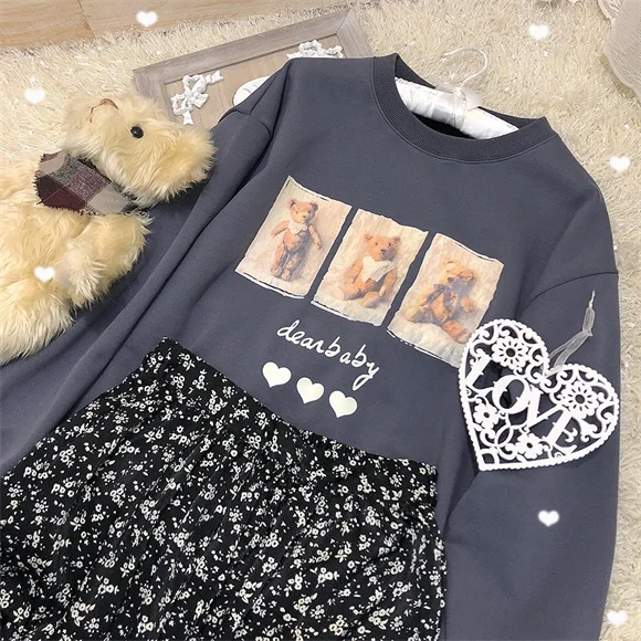 Blue Осень и зима мягкий рисунок с милым медведем Kawaii милый Свитшот плюс бархатное худи толстовки с длинными рукавами женские свободные топы - Цвет: Blue